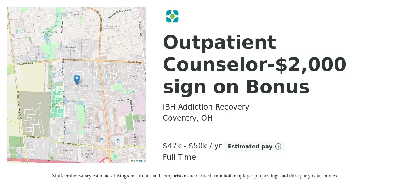 IBH Addiction Recovery job posting for a Outpatient Counselor-$2,000 sign on Bonus in Coventry, OH with a salary of $47,000 to $50,000 Yearly with a map of Coventry location.