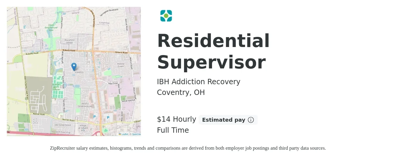 IBH Addiction Recovery job posting for a Residential Supervisor in Coventry, OH with a salary of $15 Hourly with a map of Coventry location.
