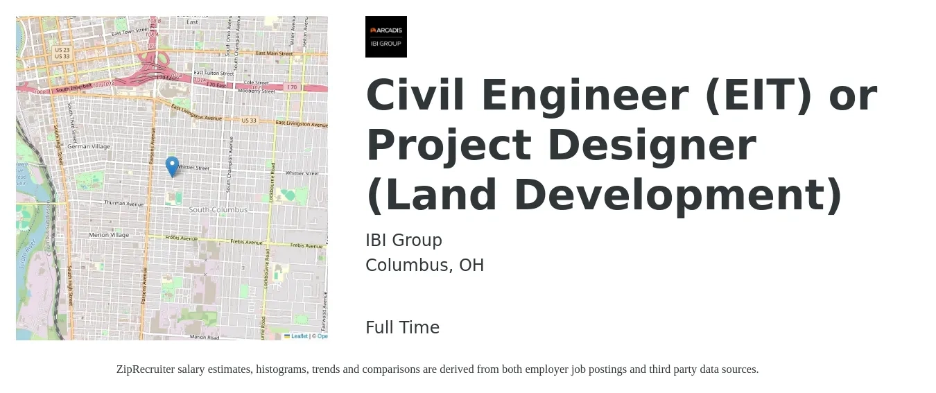 IBI Group job posting for a Civil Engineer (EIT) or Project Designer (Land Development) in Columbus, OH with a salary of $64,800 to $94,500 Yearly with a map of Columbus location.