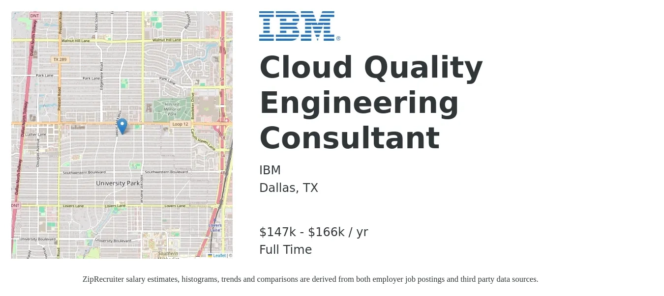 IBM job posting for a Cloud Quality Engineering Consultant in Dallas, TX with a salary of $147,475 to $166,100 Yearly with a map of Dallas location.