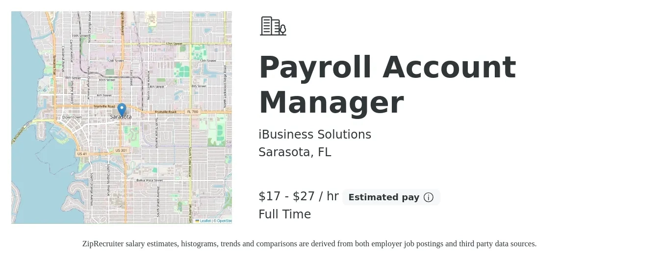 iBusiness Solutions job posting for a Payroll Account Manager in Sarasota, FL with a salary of $18 to $29 Hourly with a map of Sarasota location.