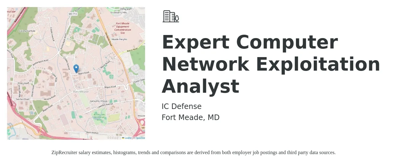IC Defense job posting for a Expert Computer Network Exploitation Analyst in Fort Meade, MD with a salary of $37 to $56 Hourly with a map of Fort Meade location.