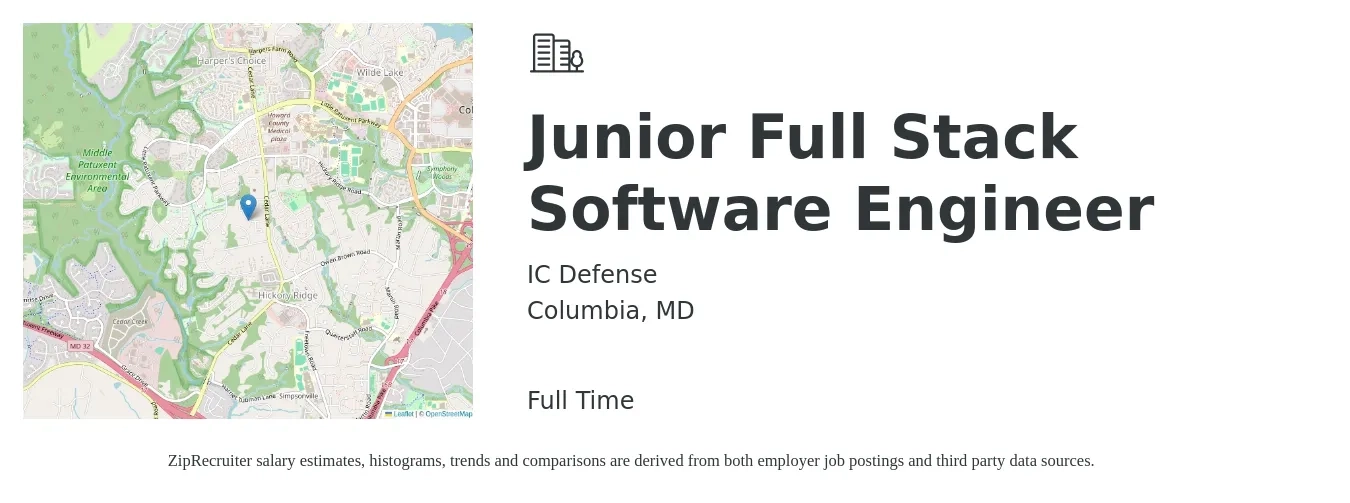 IC Defense job posting for a Junior Full Stack Software Engineer in Columbia, MD with a salary of $109,300 to $155,500 Yearly with a map of Columbia location.