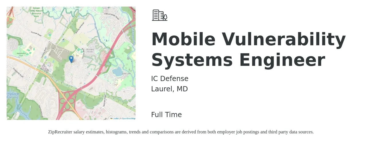 IC Defense job posting for a Mobile Vulnerability Systems Engineer in Laurel, MD with a salary of $47 to $81 Hourly with a map of Laurel location.