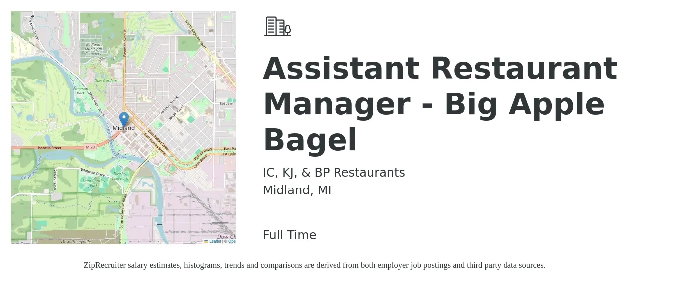 IC, KJ, & BP Restaurants job posting for a Assistant Restaurant Manager - Big Apple Bagel in Midland, MI with a salary of $14 to $20 Hourly with a map of Midland location.