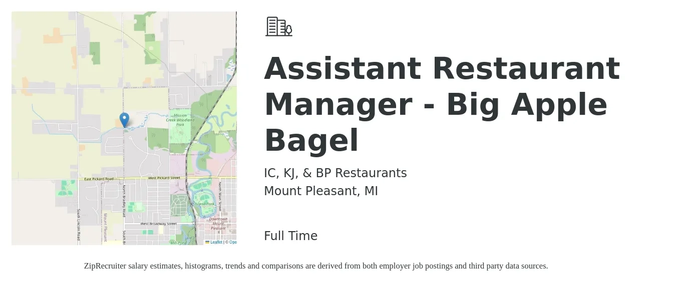 IC, KJ, & BP Restaurants job posting for a Assistant Restaurant Manager - Big Apple Bagel in Mount Pleasant, MI with a salary of $16 to $23 Hourly with a map of Mount Pleasant location.