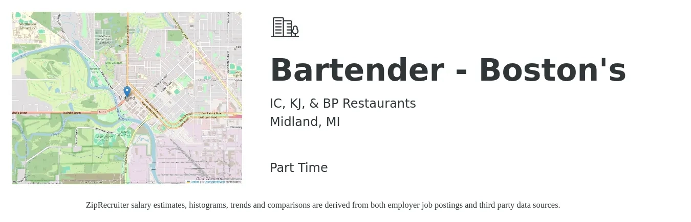 IC, KJ, & BP Restaurants job posting for a Bartender - Boston's in Midland, MI with a salary of $8 to $16 Hourly with a map of Midland location.