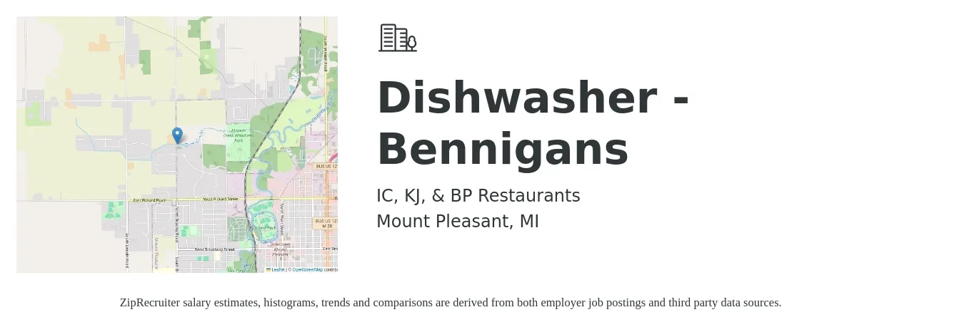 IC, KJ, & BP Restaurants job posting for a Dishwasher - Bennigans in Mount Pleasant, MI with a salary of $12 to $16 Hourly with a map of Mount Pleasant location.