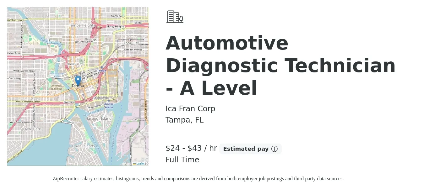 Ica Fran Corp job posting for a Automotive Diagnostic Technician - A Level in Tampa, FL with a salary of $25 to $45 Hourly with a map of Tampa location.