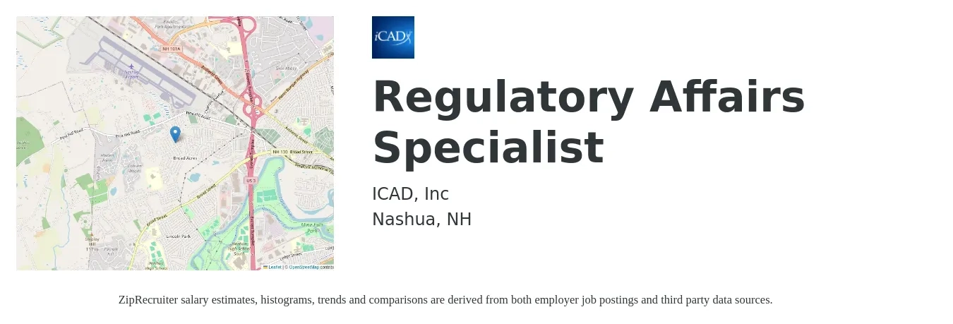 ICAD, Inc job posting for a Regulatory Affairs Specialist in Nashua, NH with a salary of $75,000 to $112,700 Yearly with a map of Nashua location.