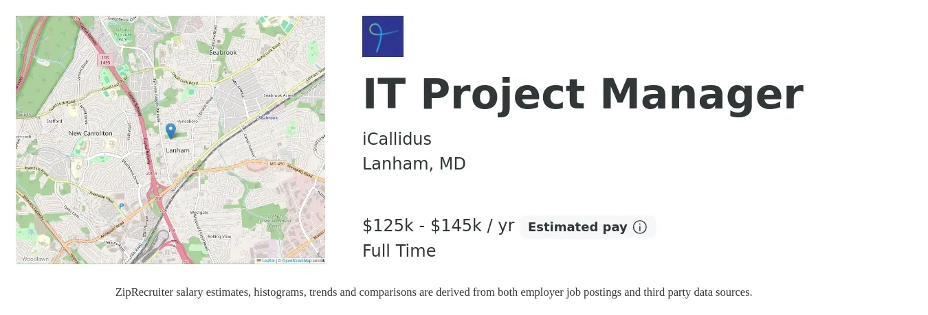 iCallidus job posting for a IT Project Manager in Lanham, MD with a salary of $125,000 to $145,000 Yearly with a map of Lanham location.
