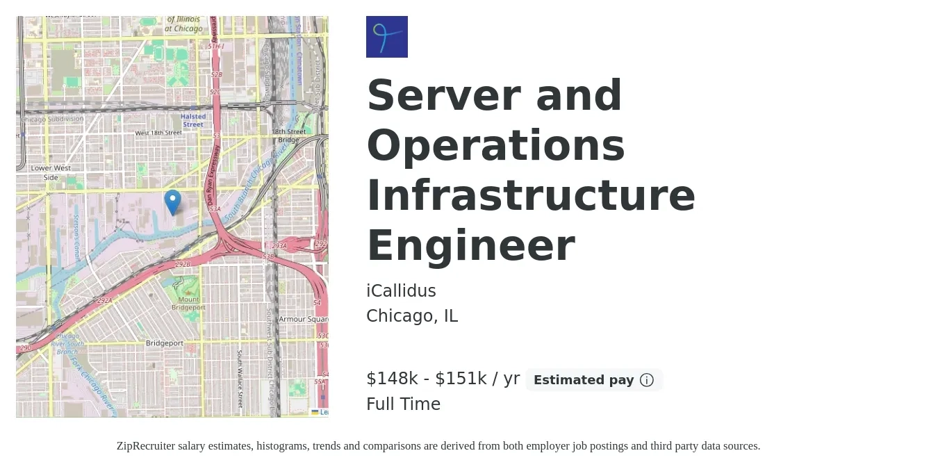 iCallidus job posting for a Server and Operations Infrastructure Engineer in Chicago, IL with a salary of $148,000 to $151,000 Yearly with a map of Chicago location.