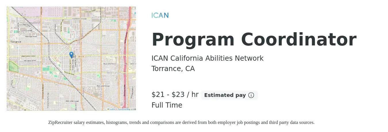 ICAN California Abilities Network job posting for a Program Coordinator in Torrance, CA with a salary of $22 to $24 Hourly with a map of Torrance location.