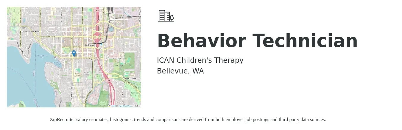 ICAN Children's Therapy job posting for a Behavior Technician in Bellevue, WA with a salary of $20 to $24 Hourly with a map of Bellevue location.