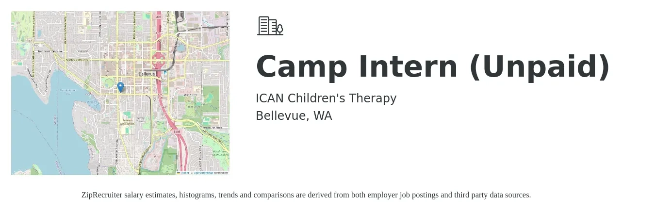 ICAN Children's Therapy job posting for a Camp Intern (Unpaid) in Bellevue, WA with a salary of $16 to $21 Hourly with a map of Bellevue location.