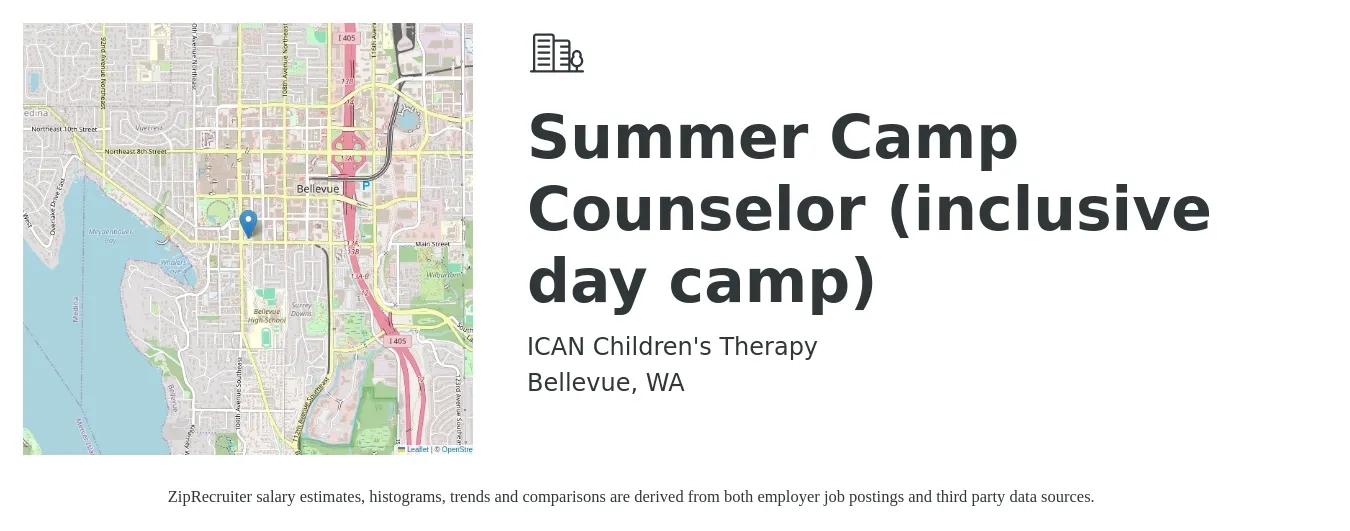 ICAN Children's Therapy job posting for a Summer Camp Counselor (inclusive day camp) in Bellevue, WA with a salary of $16 to $20 Hourly with a map of Bellevue location.