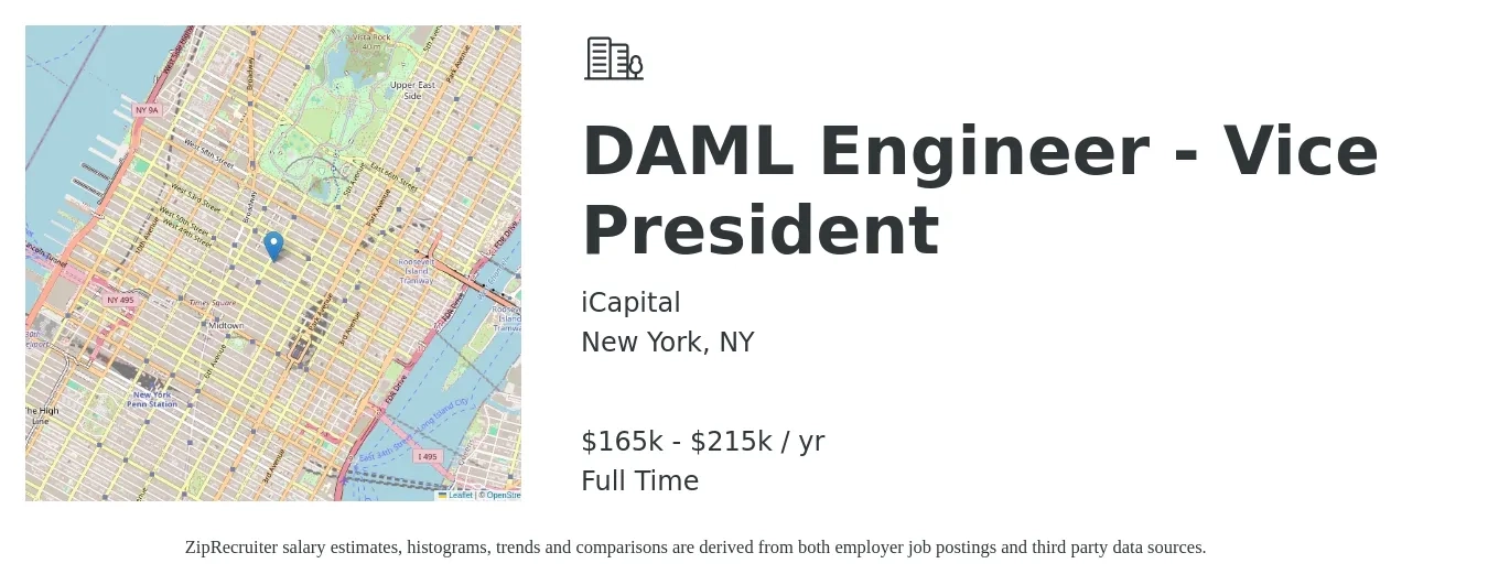 iCapital job posting for a DAML Engineer - Vice President in New York, NY with a salary of $165,000 to $215,000 Yearly with a map of New York location.