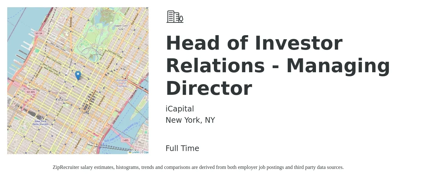 iCapital job posting for a Head of Investor Relations - Managing Director in New York, NY with a salary of $108,900 to $213,300 Yearly with a map of New York location.