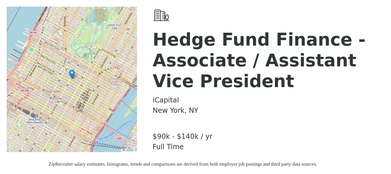iCapital job posting for a Hedge Fund Finance - Associate / Assistant Vice President in New York, NY with a salary of $90,000 to $140,000 Yearly with a map of New York location.