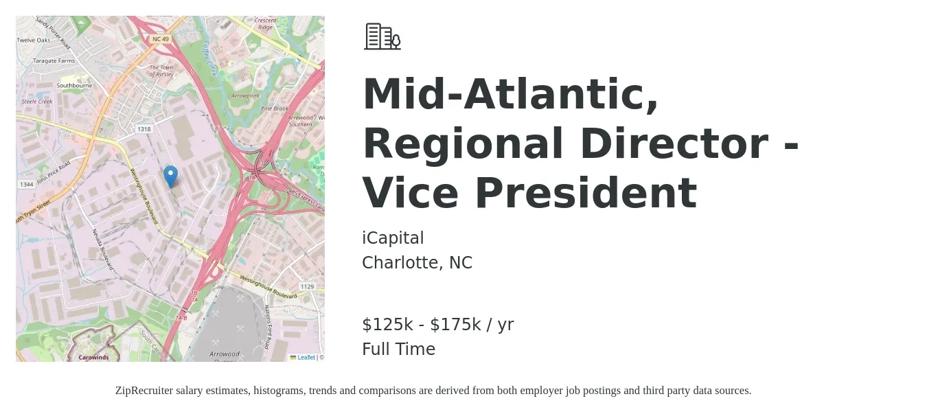 iCapital job posting for a Mid-Atlantic, Regional Director - Vice President in Charlotte, NC with a salary of $125,000 to $175,000 Yearly with a map of Charlotte location.