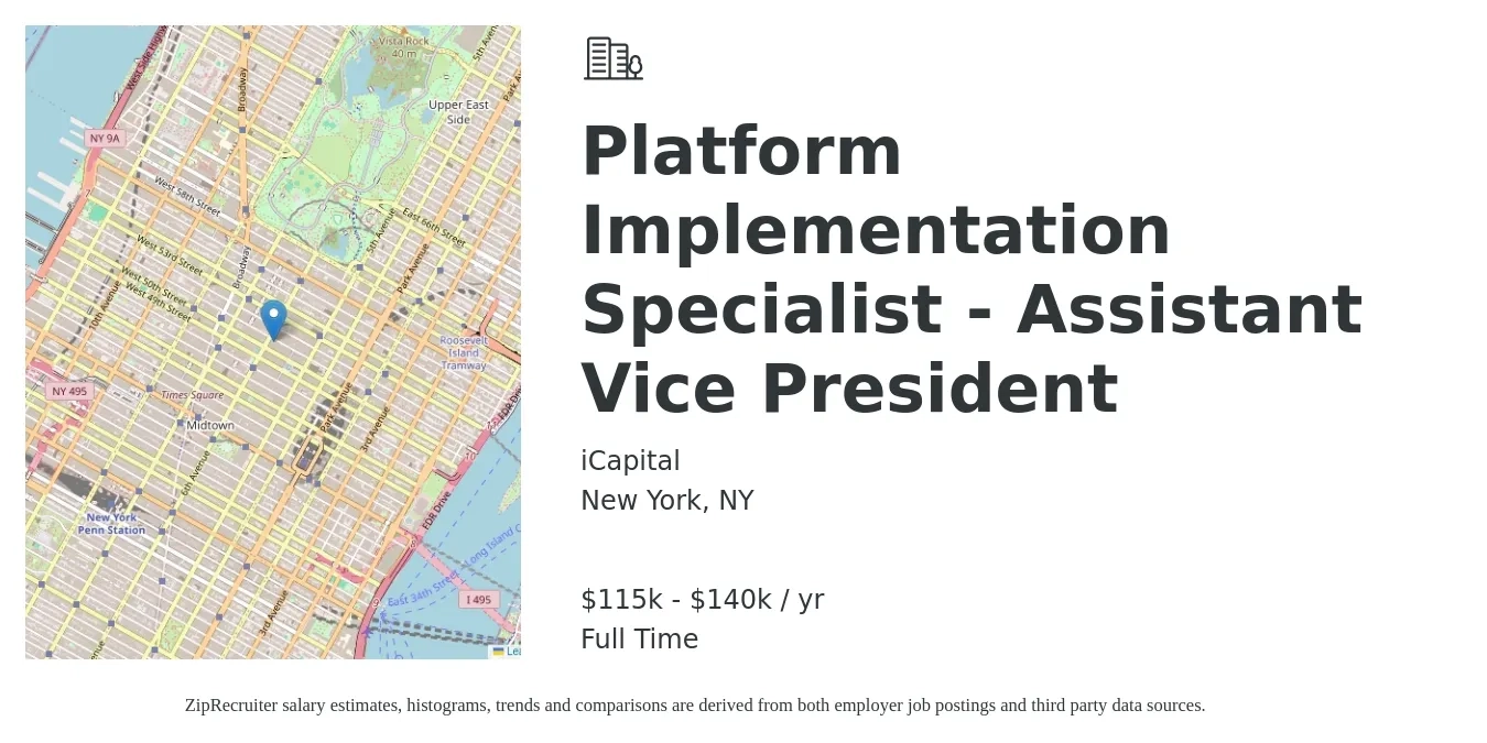 iCapital job posting for a Platform Implementation Specialist - Assistant Vice President in New York, NY with a salary of $115,000 to $140,000 Yearly with a map of New York location.