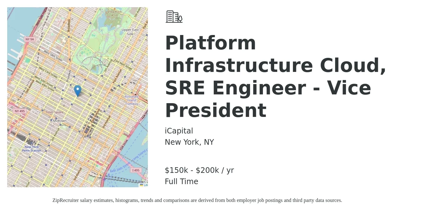 iCapital job posting for a Platform Infrastructure Cloud, SRE Engineer - Vice President in New York, NY with a salary of $150,000 to $200,000 Yearly with a map of New York location.