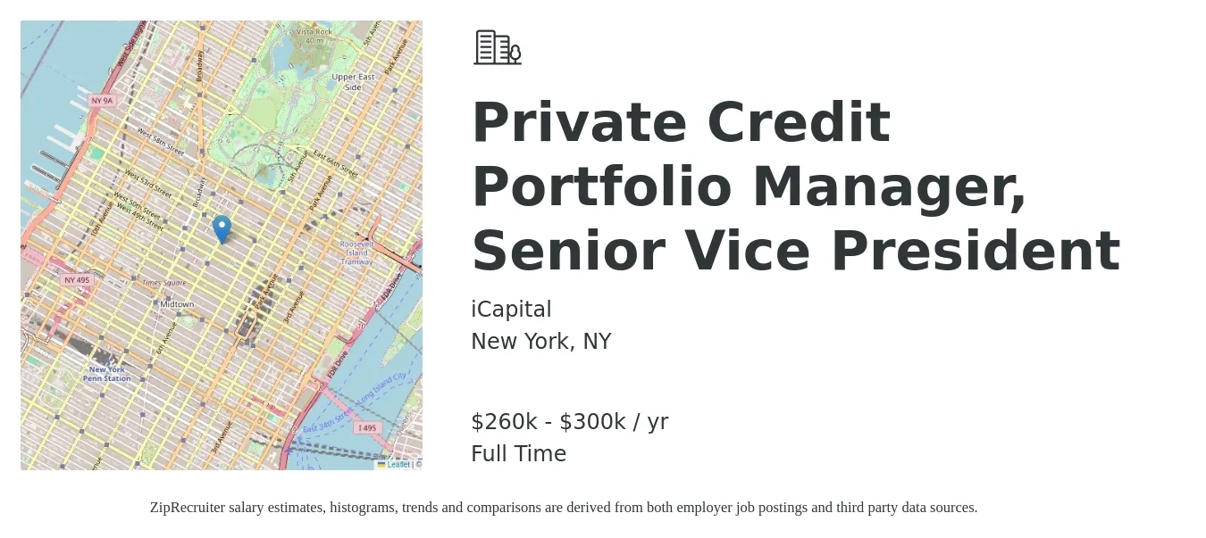 iCapital job posting for a Private Credit Portfolio Manager - Senior Vice President in New York, NY with a salary of $260,000 to $300,000 Yearly with a map of New York location.