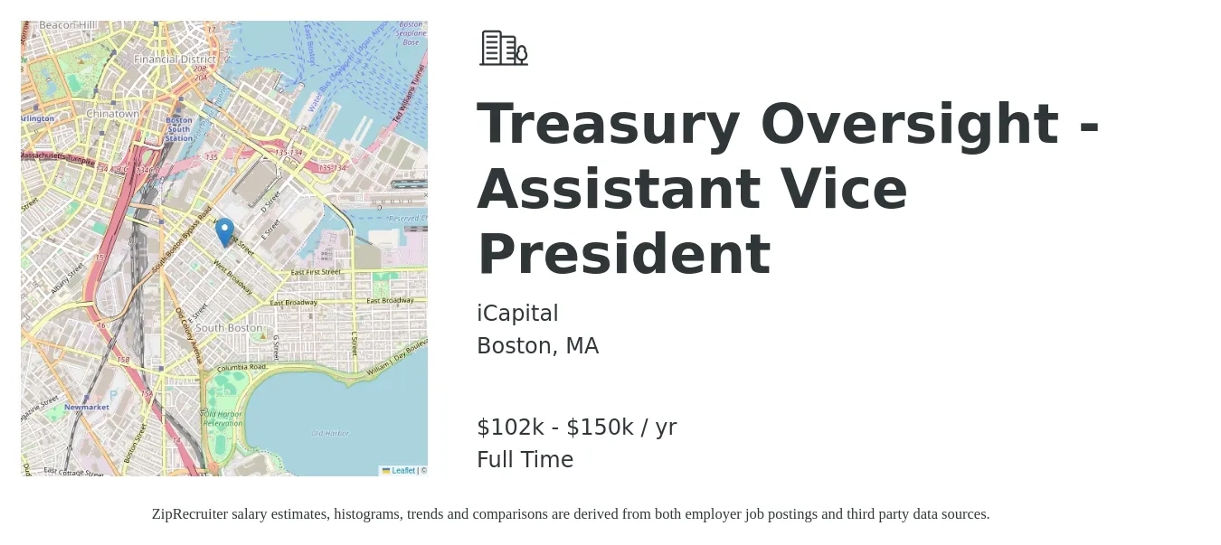 iCapital job posting for a Treasury Oversight - Assistant Vice President in Boston, MA with a salary of $102,000 to $150,000 Yearly with a map of Boston location.