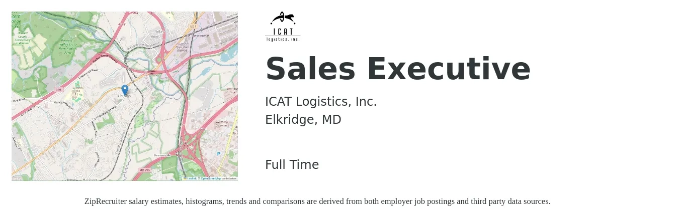 ICAT Logistics, Inc. job posting for a Sales Executive in Elkridge, MD with a salary of $56,300 to $96,800 Yearly with a map of Elkridge location.