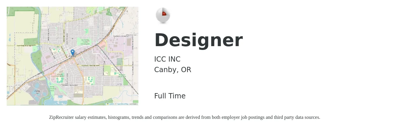 ICC Inc job posting for a Designer in Canby, OR with a salary of $60,700 to $114,000 Yearly with a map of Canby location.
