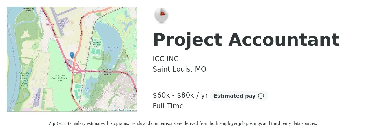 ICC INC job posting for a Project Accountant in Saint Louis, MO with a salary of $60,000 to $80,000 Yearly with a map of Saint Louis location.