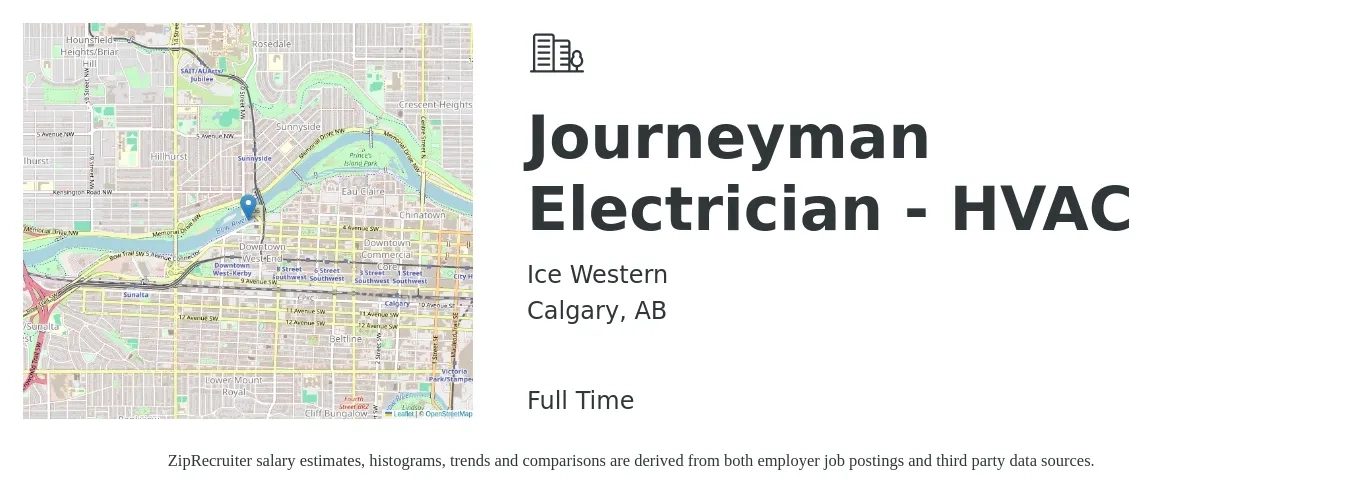 Ice Western job posting for a Journeyman Electrician - HVAC in Calgary, AB with a map of Calgary location.