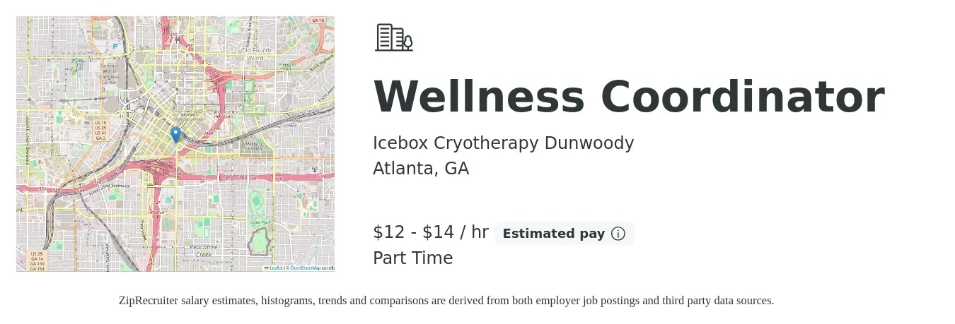 Icebox Cryotherapy Dunwoody job posting for a Wellness Coordinator in Atlanta, GA with a salary of $13 to $15 Hourly with a map of Atlanta location.