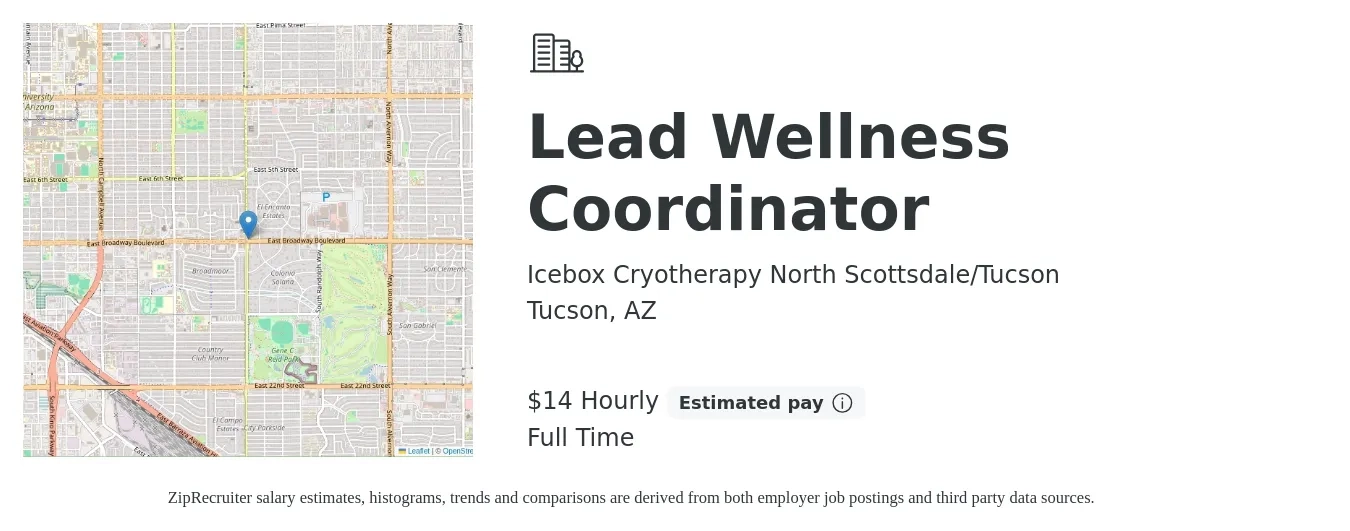 Icebox Cryotherapy North Scottsdale/Tucson job posting for a Lead Wellness Coordinator in Tucson, AZ with a salary of $15 Hourly with a map of Tucson location.