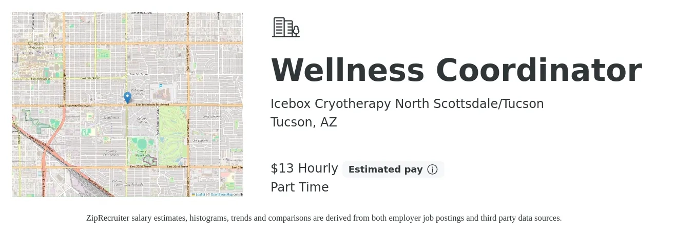 Icebox Cryotherapy North Scottsdale/Tucson job posting for a Wellness Coordinator in Tucson, AZ with a salary of $14 Hourly with a map of Tucson location.