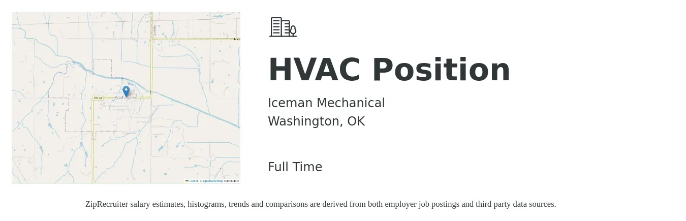 Iceman Mechanical job posting for a HVAC Position in Washington, OK with a salary of $19 to $27 Hourly with a map of Washington location.