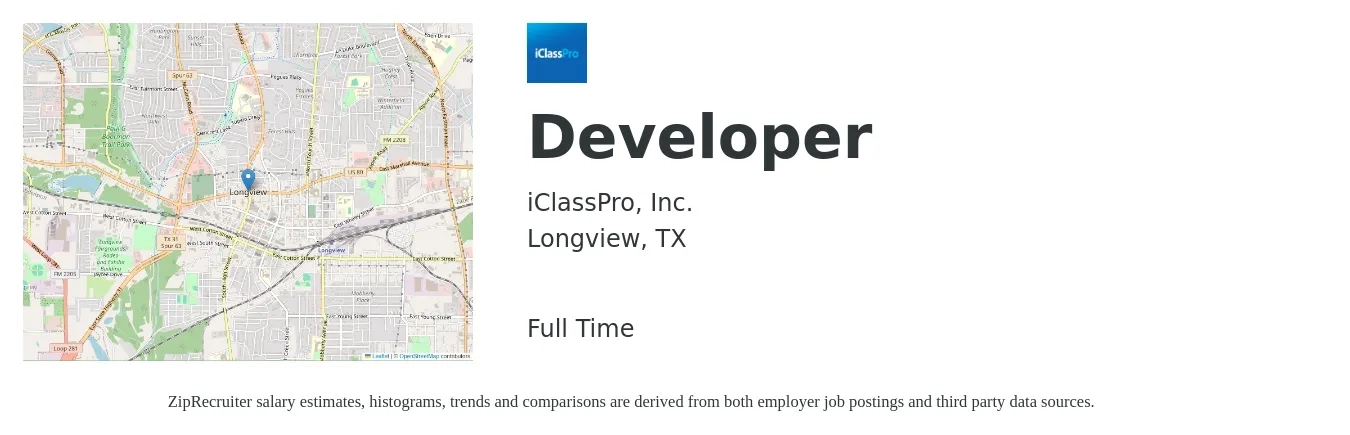 iClassPro, Inc. job posting for a Developer in Longview, TX with a salary of $80,200 to $115,800 Yearly with a map of Longview location.