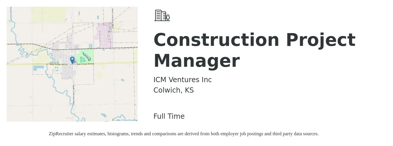 ICM Ventures Inc job posting for a Construction Project Manager in Colwich, KS with a salary of $74,600 to $118,300 Yearly with a map of Colwich location.