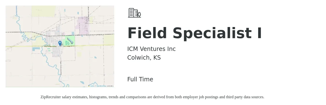 ICM Ventures Inc job posting for a Field Specialist I in Colwich, KS with a salary of $20 to $28 Hourly with a map of Colwich location.
