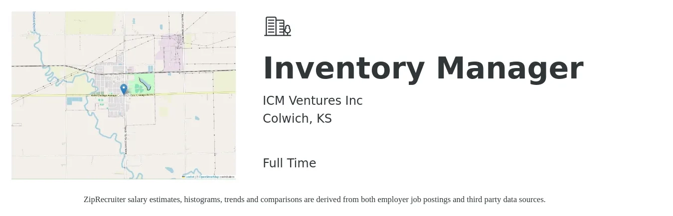 ICM Ventures Inc job posting for a Inventory Manager in Colwich, KS with a salary of $39,800 to $63,600 Yearly with a map of Colwich location.