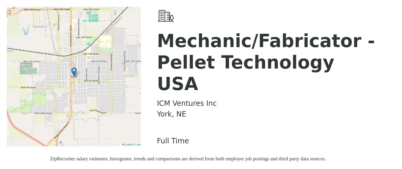 ICM Ventures Inc job posting for a Mechanic/Fabricator - Pellet Technology USA in York, NE with a salary of $23 to $28 Hourly with a map of York location.