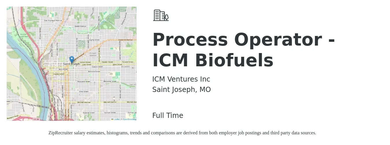 ICM Ventures Inc job posting for a Process Operator - ICM Biofuels in Saint Joseph, MO with a salary of $18 to $23 Hourly with a map of Saint Joseph location.