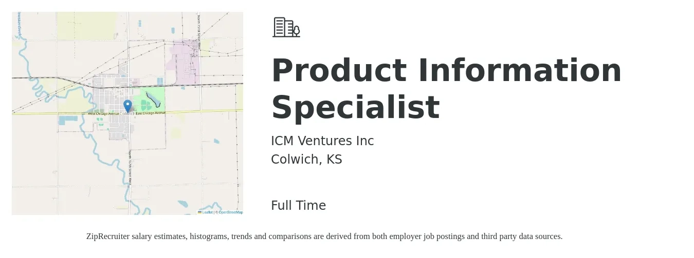 ICM Ventures Inc job posting for a Product Information Specialist in Colwich, KS with a salary of $18 to $35 Hourly with a map of Colwich location.