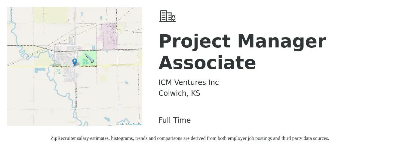 ICM Ventures Inc job posting for a Project Manager Associate in Colwich, KS with a salary of $52,391 to $90,574 Yearly with a map of Colwich location.