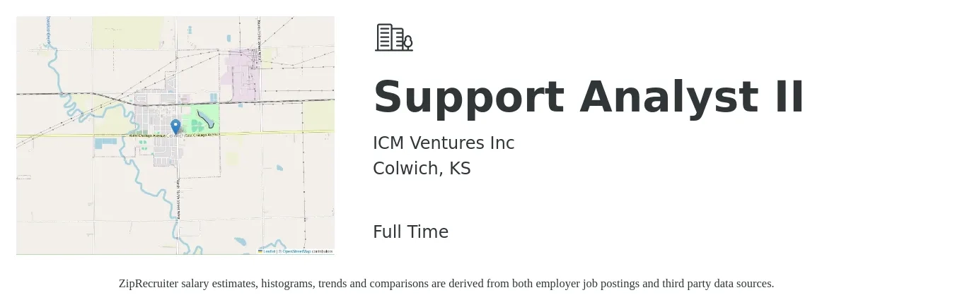ICM Ventures Inc job posting for a Support Analyst II in Colwich, KS with a salary of $23 to $39 Hourly with a map of Colwich location.