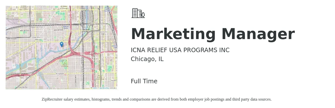 ICNA RELIEF USA PROGRAMS INC job posting for a Marketing Manager in Chicago, IL with a salary of $58,800 to $96,100 Yearly with a map of Chicago location.