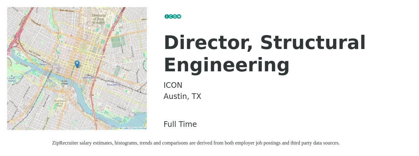 ICON job posting for a Director, Structural Engineering in Austin, TX with a salary of $79,300 to $112,000 Yearly with a map of Austin location.