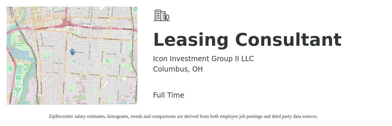 Icon Investment Group II LLC job posting for a Leasing Consultant in Columbus, OH with a salary of $16 to $18 Hourly with a map of Columbus location.