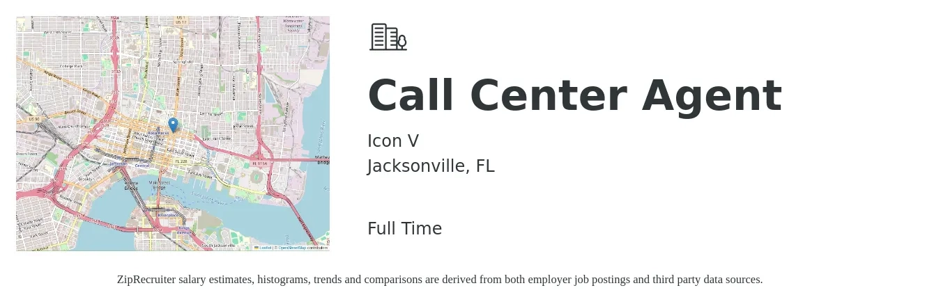 Icon V job posting for a Call Center Agent in Jacksonville, FL with a salary of $14 to $18 Hourly with a map of Jacksonville location.