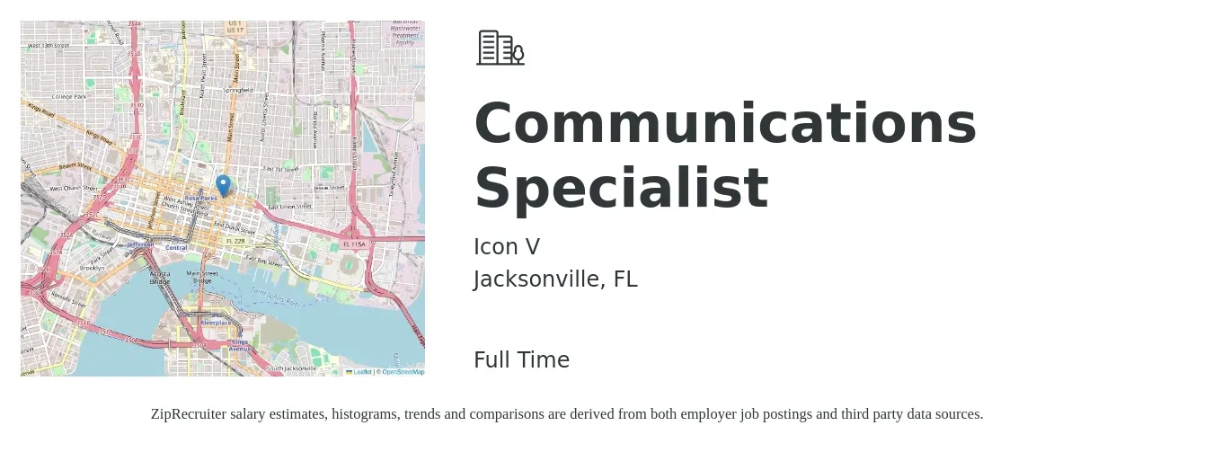 Icon V job posting for a Communications Specialist in Jacksonville, FL with a salary of $48,100 to $63,800 Yearly with a map of Jacksonville location.